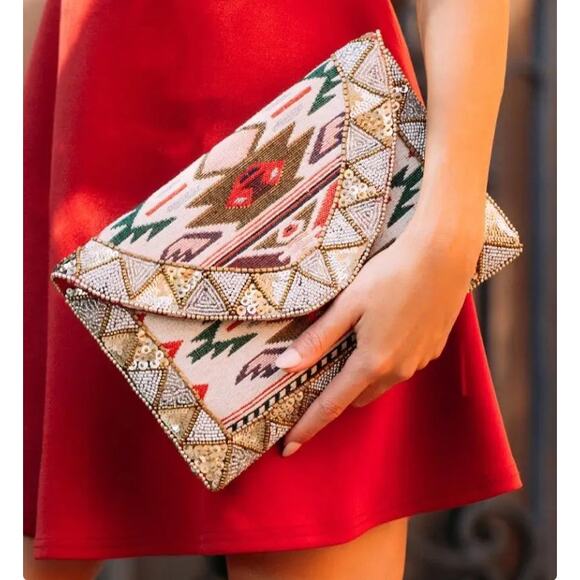 Boho Beaded Sequin Aztec Envelope Clutch Bag Purse Chain Strap Southwestern Art - Picture 1 of 8